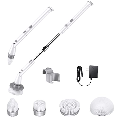 Electric Spin Scrubber, Cordless Rechargeable Electric Cleaning Brush with Adjustable Arm and 4 Replaceable Head, Fast Charging, Multi-Purpose for Bathtub Tile Sink Bathroom Kitchen