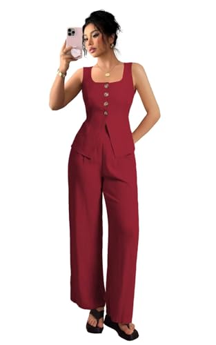 LEWIJO Burgundy Summer Outfits for Women Linen 2 Piece Tops