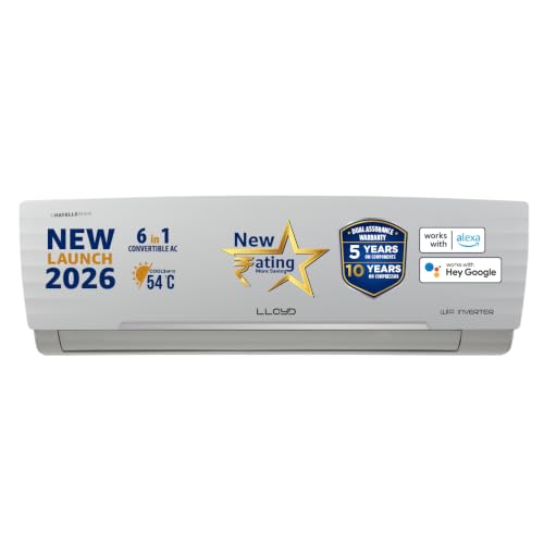 Image of Lloyd 1.5 Ton 5 Star Wi-Fi Inverter Split AC 2026 New Star Rated (6 in 1 Convertible, Cools Up To 54C, Voice & Wi-Fi Enabled, DG Mode, Ice Clean, 4 Way Swing, Installation Check, White, GLS18V5AGGGW)