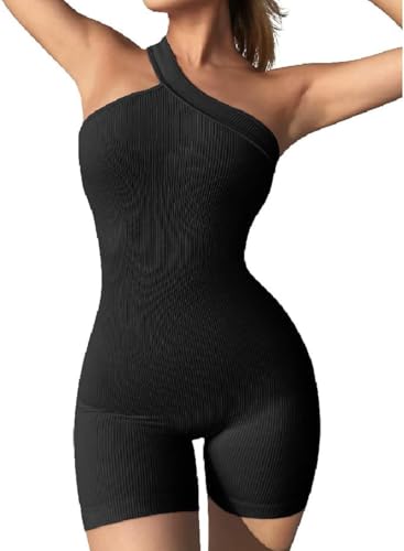 TTPSRY Mono Corto Mujer Asimétrico un Hombro Jumpsuit Monos Deportivo Elástico Bodycon Fitness Enterizo Verano Elegante Conjuntos para Playa Yoga Deporte