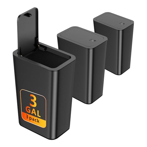 n netdot 3 pack small trash can with lid 3 gallon bathroom trash cangarbage can slim trash bin waste basket for bathroomkitchenbedroomliving roomofficelaundry - black