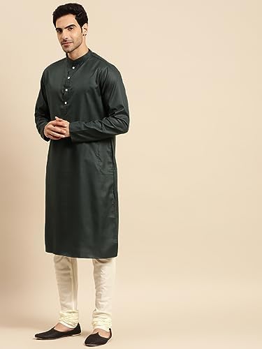 Kisah Men Deep Green Kurta With Churidar, Full Sleaves, Knee Length, Mandarin Collar Ethnic Wear, 40