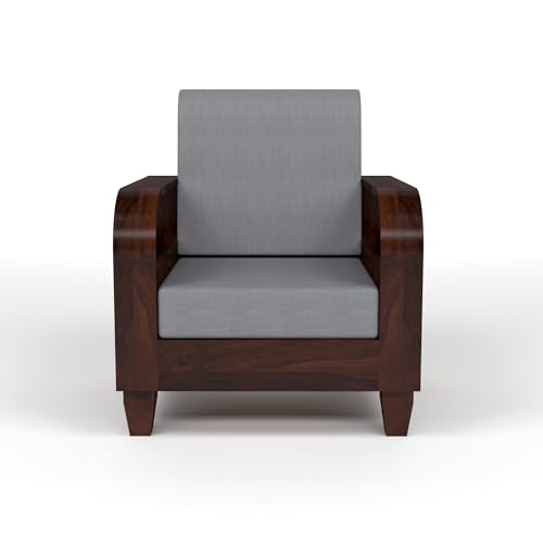 Image of Sheesham Wooden 1 Seater Sofa for Living Room | Solid Wood Sofa with Rattan Cane Side Rack | Rosewood Sofa Set for Home & Office | Lounge (Walnut, 1 Seater)