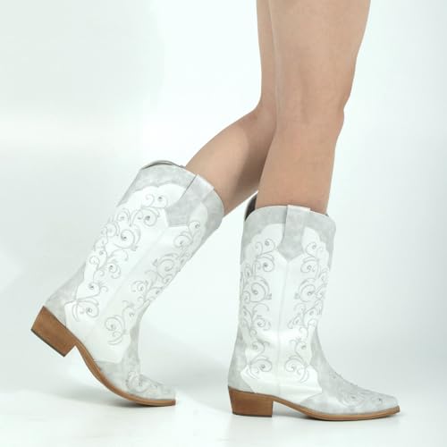 SheSole Women's Rhinestones Cowgirl Cowboy Boots Western Country Wedding Wide Calf Floral Embroidery Boot 6