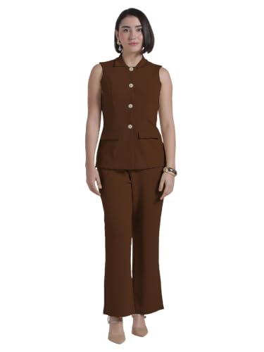 Image of Selvia Beige Lycra Textured Co-ord Set for Women, Button Front Waist Top and Trouser Pant
