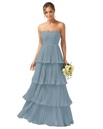 Lxhome Strapless Prom Dresses for Women Long Chiffon Wedding Guest
