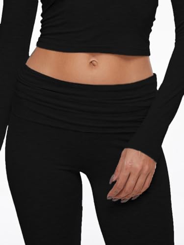 Image of AnotherChill Women's Long Sleeve Top Foldover Flare Pants Lounge Set | 2 piece cropped shirt and slim flare trousers comfy loungewear, soft modal casual matching sets, travel airport outfits