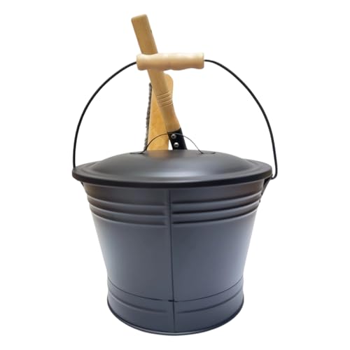 Cubo de cenizas con tapa, de cenizas para chimeneas, de metal de 5 litros para cenizas calientes con pala y escoba de mano para chimenea, patio, jardín, estufa de leña, hoguera de