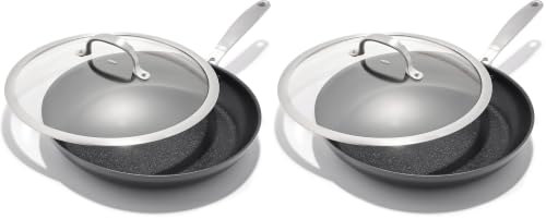 Image of OXO Enhanced 12 inch Nonstick Frying Pan Skillet with Lid, Ceramic PFAS-Free Cookware, Durable Hard Anodized, Scratch Resistant, Stainless Steel Handle, Eggs & Omelets, Dishwasher & Oven Safe, Black