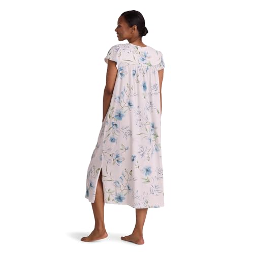 Image of Miss Elaine Silkyknit Long Nightgown, Round Neckline, Short Sleeves, Lace Details, Women's Sleepwear & Loungewear