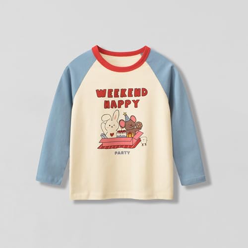 Girls Cute Bear Print Cotton T-Shirts Kids Color Block Raglan Top Boys Crewneck Basic Long Sleeve Tees for 2-10 Years2