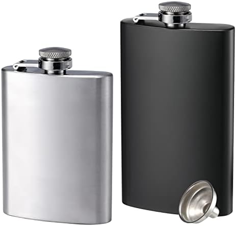 2 Pack Hip Flasks for Liquor, 4 oz & 8 oz Stainless Steel Leakproof Thin Flasks with Funnel, Portable Pocket Hip Flasks for Men & Women (4 oz Silver, 8 oz Black)