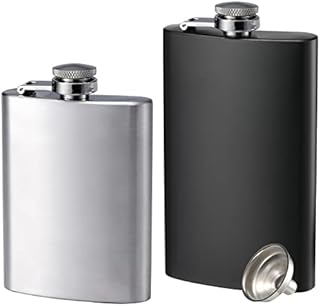 2 Pack Hip Flasks for Liquor, 4 oz & 8 oz Stainless Steel Leakproof Thin Flasks with Funnel, Portable Pocket Hip Flasks for Men & Women (4 oz Silver, 8 oz Black)