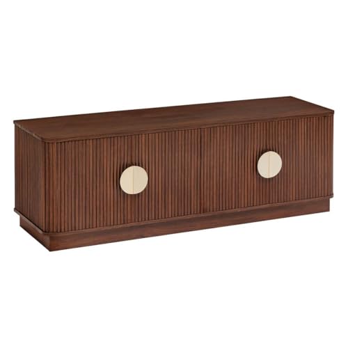 Atmosphera - Meuble TV Wany – 4 Portes, 2 étagères et 4 Compartiments – Bois Marron avec Effet Noyer et façades cannelées – Poignées dorées –...