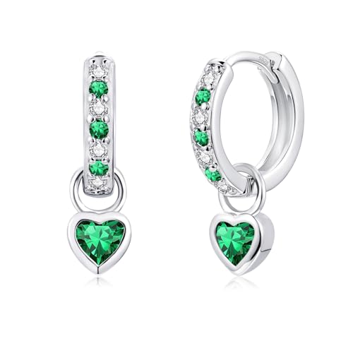Bewenda Silver Earrings for Women Girls, 925 Sterling Silver Heart Hoops Earrings with Green Zircon, Hypoallergenic Hoop Huggie Earring, Small Hoops Sleeper Dangly Earring Jewelry Gifts for Birthday