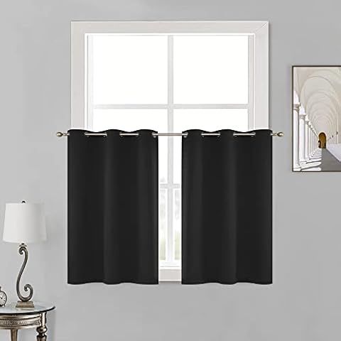 Black Half Window Blackout Curtains 36 Inches Long for Kithcen - Grommet Top Short Small Black Curtain Tiers Valance Drapes for Basement Bathroom, 2 Panels, Black, 34 Inch by 36 Inch Cover