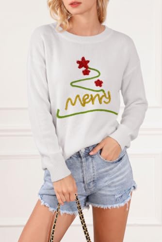 Image of LEMAFER Women 2026 Merry Christmas Round Neck Sequin Letters Sweater Casual Solid Slogan Long Sleeve Pullover Sweatshirt Tops