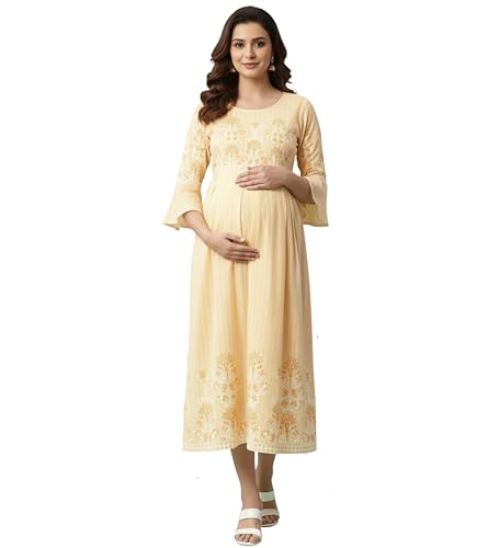 Image of DUMMY SHAPE Feeding Nighty | Maternity Dresses for Women Cotton Blend | Floral Pink Anarkali Kurta with Dual Nursing Zippers for Pregnancy & Breastfeeding | Gifts for Pregnant Women (