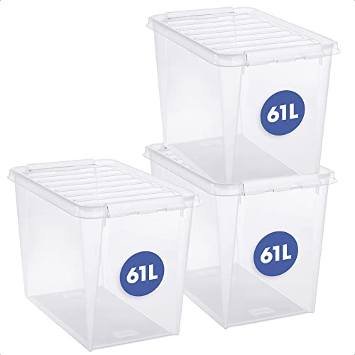 SmartStore 61 L Boîtes Rangement Plastique avec Couvercles -Lot de 3 - Transparentes - Emboîtables et Empilables- Apte au contact alimentaire, sans BPA-Fermeture à Clips Blancs- L 59 x W 39 x H 43 cm Cover
