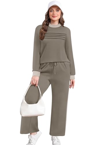 Image of WIHOLL Two Piece Sets for Women Fall Travel Vacation Outfits 2026 Long Sleeve Lounge Sets Side Slit Wide Leg Pants XS-3XL
