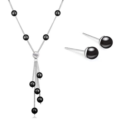 Preisvergleich Produktbild Österreichische Kristalle Schwarz simulierte Perlen Schmuck-Set Strangkette 45 cm Ohrstecker 18 kt Weiß Vergoldet für Damen