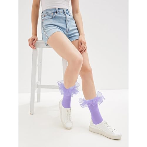 Image of Women Big Ruffle Ankle Socks Adult Double Lace Frilly Socks Fold Cuff Cotton Ruffled Dress Crew Bobby Bride Sock
