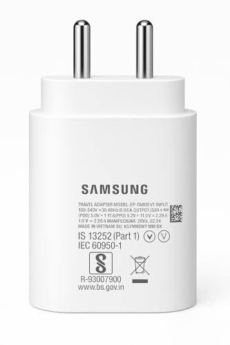 Image of Samsung 25W USB-C PD Super Fast Charger Wall Adapter for Galaxy M47 /M17 /A17 /M17e /M56 /F17 /M56 /M07 /F07 /A55 /A56 /A35 /A36 /A16 /A06 /M36 /M16 /M06 /M05 /S25 /S24 /F56 /F36 /F16 /F06 /F05, 25 W Type C Adaptor, White