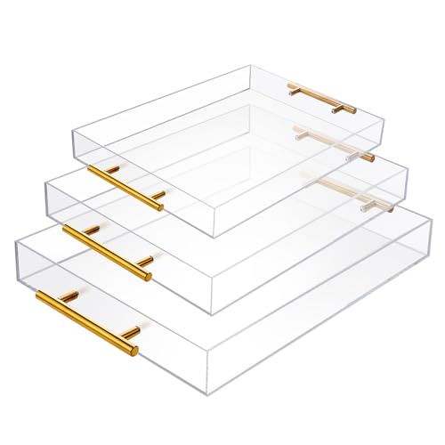 3 Pack Clear Acrylic Serving Tray with Gold Handles, Spill-Proof Acrylic Tray, Decorative Organizer Tray for Coffee Table Countertop Bathroom Vanity Appetizer Breakfast