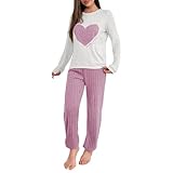 Pijama Invierno Franela Mujer Felpa Conjunto de Camiseta Manga Larga y Pantalon Largo Suave Ropa Casa con Patrón de Corazón Cálido Cómodo Ropa de Dormir Forro Polar