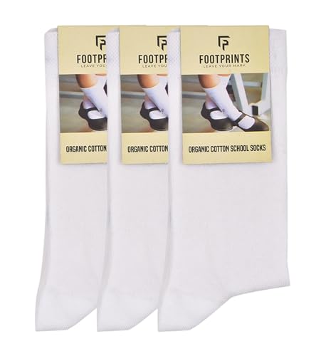 Image of FOOTPRINTS Kids Organic Cotton School Socks - Unisex - Calf length- Pack of 3 | White | Extra soft and Breathable