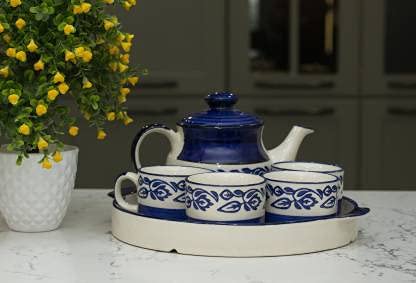 Unique SS Ceramic Kettle and Cup Set 1 Kettle 1 Plate and 4 Cup Heat Resistant Kettle Capacity 575 ML and Cup Capacity 120 ML Blue Color