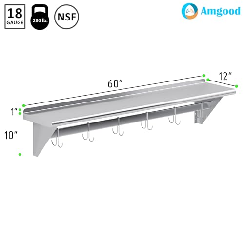 Image of AmGood 60 inch Long X 12 inch Deep Stainless Steel Wall Mounted Pot Rack with Shelf | NSF Certified