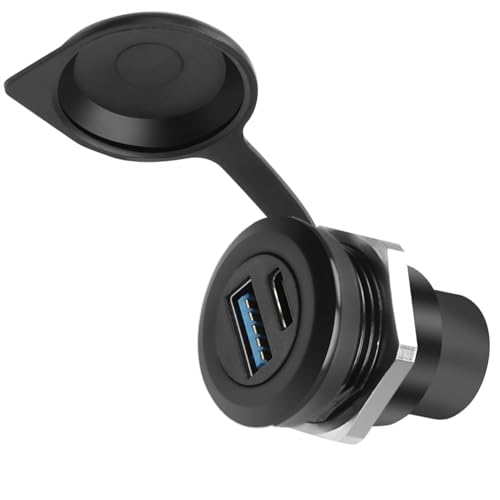 QIANRENON USB3.0 & USB C 3.1 Threaded Fixing Circular Connector USB3.0+USB Type C 3.1 Female to Female Embedded Panel Mount Adapter 2 Port Socket, Dust Cover, Mounted on Device Panel Dashboard by QIANRENON - Used condition - US$5.57