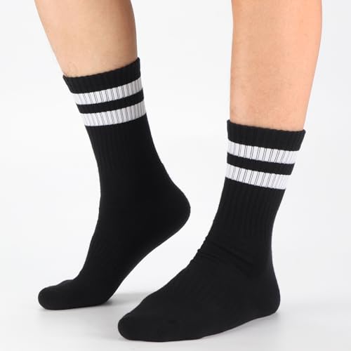 Image of Ultrafun 5 Pairs Striped Crew Socks Cotton Cushioned Athletic Sports Running Socks for Men Women Teens