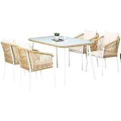 Outsunny Set da Giardino in Rattan PE e Alluminio, Set da Esterno con Tavolo da Pranzo in Vetro e 4 Sedie Impilabili, Salotto da Giardino e Terrazza, Giallo