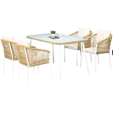 Outsunny Set da Giardino in Rattan PE e Alluminio, Set da Esterno con Tavolo da Pranzo in Vetro e 4 Sedie Impilabili, Salotto da Giardino e Terrazza, Giallo