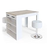 Die Gesamtmaße betragen bei dem Bartisch 67 x 77,5 x 100 cm (BxHxT) und bei dem Hocker Ø 38,5 x 52 – 65 cm (BxH).