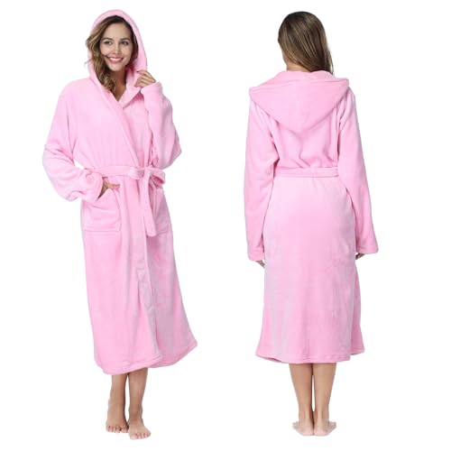 VAODO Womens Hooded Robe Long Flannel Dressing Gown with Pockets and Waistband Soft Long Towel Robes for Women (UAE/KSA Alpha L Regular Regular Pink)