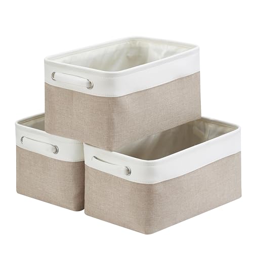 Mangata Medio Cajas de almacenaje Set de 3, cestas de almacenaje, cestos almacenaje de Tela para Armario, estanteria, Juguetes (Plegable,Blanco caqui)