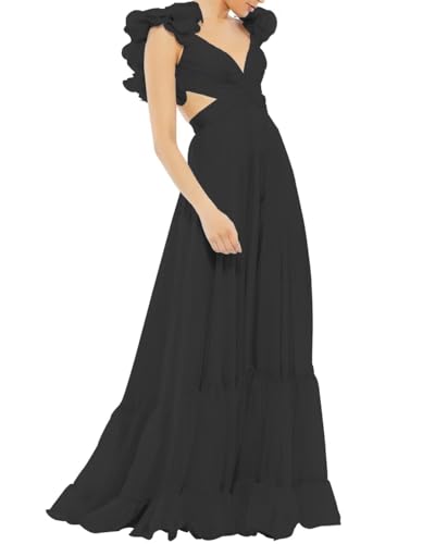 Lawrncedw Chiffon Ruffle Prom Dresses for Women Formal Sleeveless Long Evening Party Gowns V Neck Maid of Honor Gown Backless Black