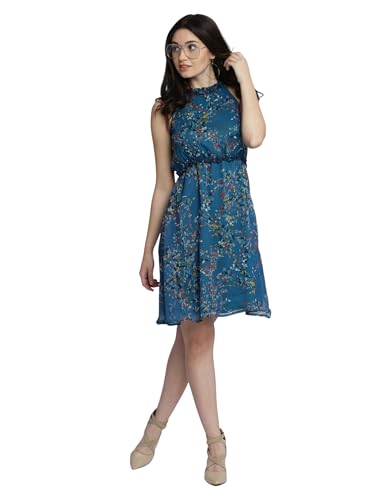 Image of Miss Chase Women's Round Neck Sleeveless Floral Ruffled GatheKnee-Long Skater Dress