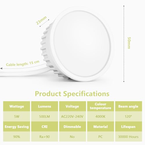 YindaLux Zestaw 10 modułów LED 230 V, ekstra płaskie Ø50 x 23 mm, 5 W 500LM IP44, kąt 120°, zamiennik GU10/MR16, 4000K/nie ściemnialny, do wpuszczanych reflektorów