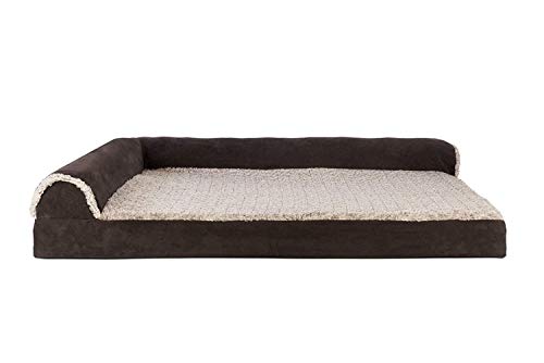 Image of Furhaven Cooling Gel Dog Bed for Large Dogs w / Removable Bolsters & Washable Cover, For Dogs Up to 95 lbs -Two-Tone Plush Faux Fur & Suede L Shaped Chaise- Espresso, Jumbo /XL, 40.0 inchL x 32.0 inchW x 8.0 inchTh