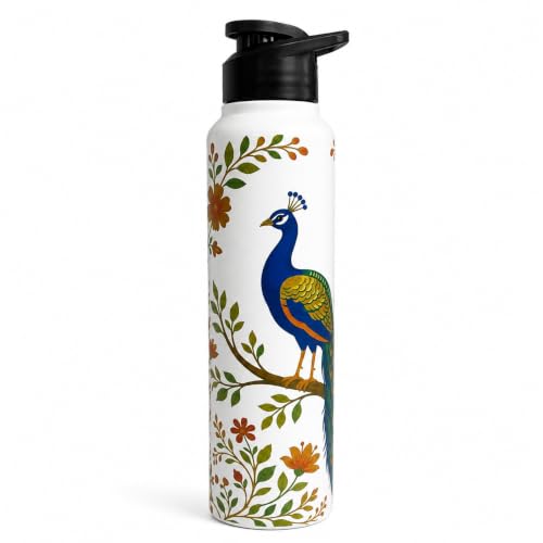 Image of Omichef Stainless Steel Single Wall Peacock Floral Print 1000ML, Fridge Water Bottle |BPA Free | Leak-Proof, Best for School /Office /Home /College