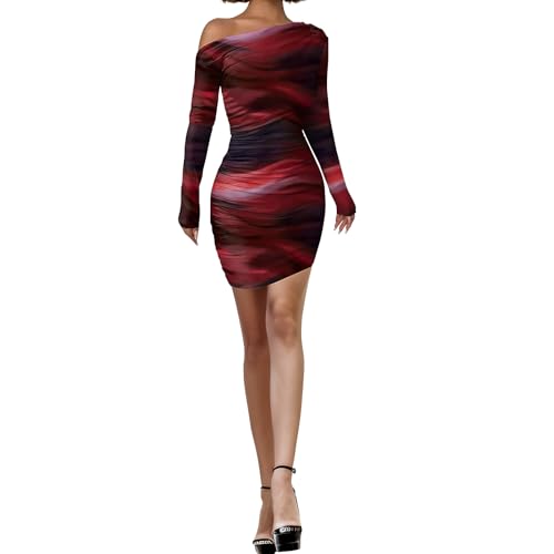Image of Women's Long Sleeve Bodycon Mini Dress Tie Dye Print Slim Fit Asymmetrical Neck Elegant Formal Ruched Short Dresses