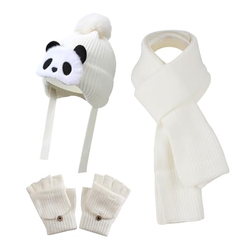 Kids Winter Knit Beanie Hat Gloves Scarf Set, for 1 2 3 4 5 6 Years Old white Toddler Baby Children Girls Boy Warm Fleece Wool Lining