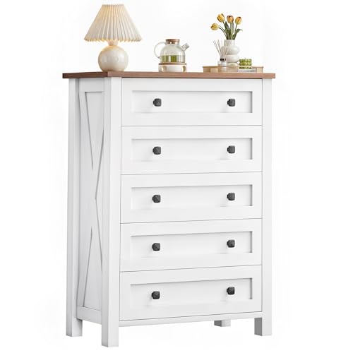 DWVO Farmhouse 5 Drawer Dresser for Bedroom with Power Outlets, Modern Tall Nightstand with Deep Drawers, Wood White Closet Dresser for Living Room, Entryway, Hallway