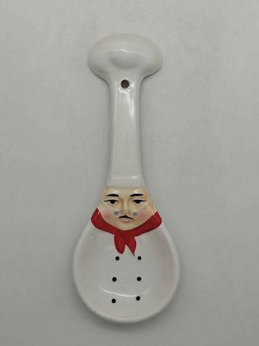 ACK Plump Bistro White Chef Hand Painted Ceramic Spoon Rest,Cooking Spoon Holder for Kitchen Counter, Utensil Rest for Spoon, Ladle, Spatula, Kitchen Décor