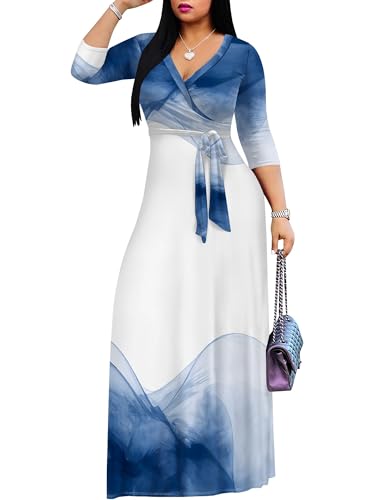 Image of PinkPatty Plus Size Maxi Dresses for Women Casual Flowy Long Dress 3 /4 Sleeve V Neck Wrap Dress with Belt