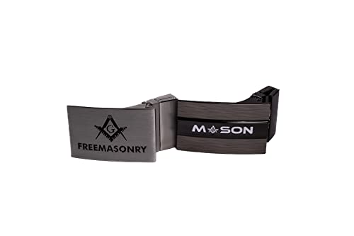 Masonic Men’s Belt - Leather Reversible Belt with Black & Tan Color Options - 2 Buckles for Every Occasion (Freemasonry Symbol & Mason Lettering) - Waist Size 42” & Under - Casual/Formal Men’s Belt2